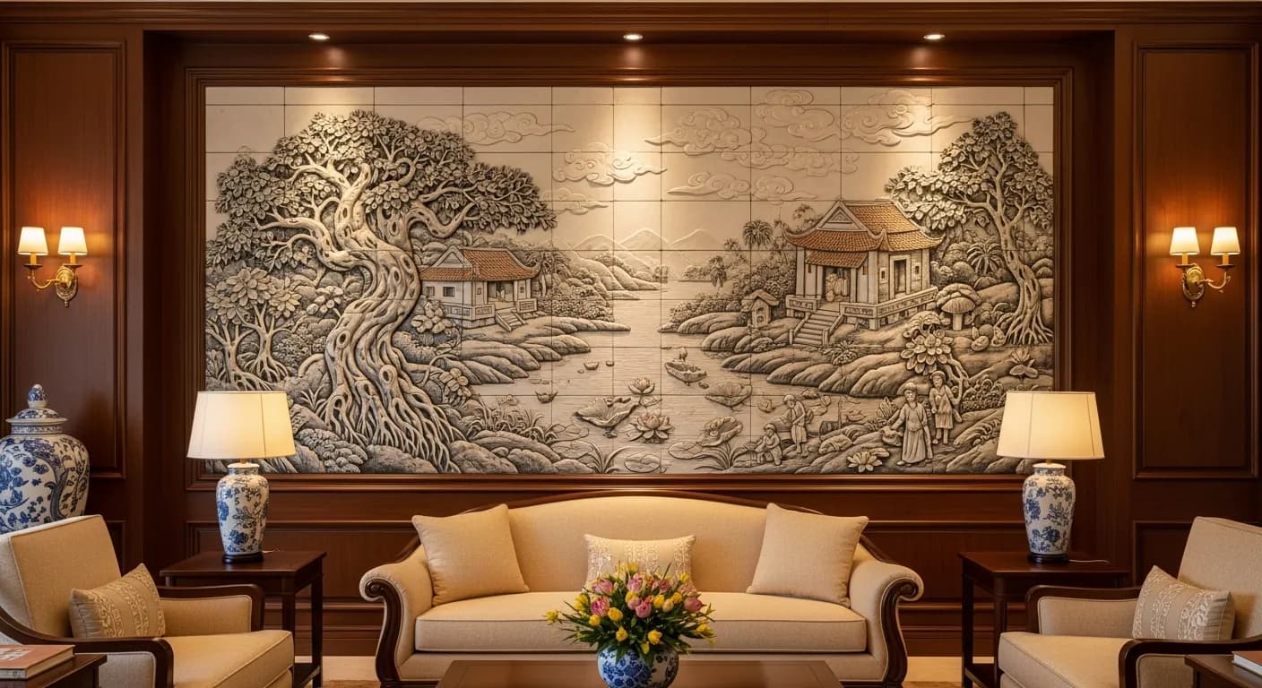 Tranh gốm sứ Bát Tràng đắp nổi thủ công của nghệ nhân Phan Ngọc Quyết trong không gian nội thất sang trọng